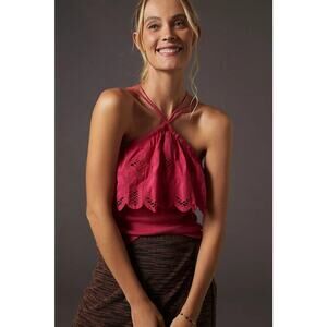 By Anthropologie XL Ruffled Halter Tank Pink Embroidered